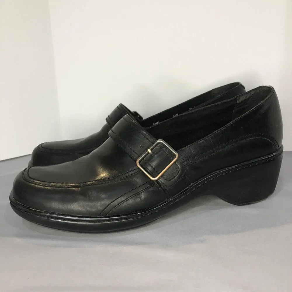 Women’s Clarks Slide On Black‎ Leather Buckle Wedge Comfort Shoes Size 8.5